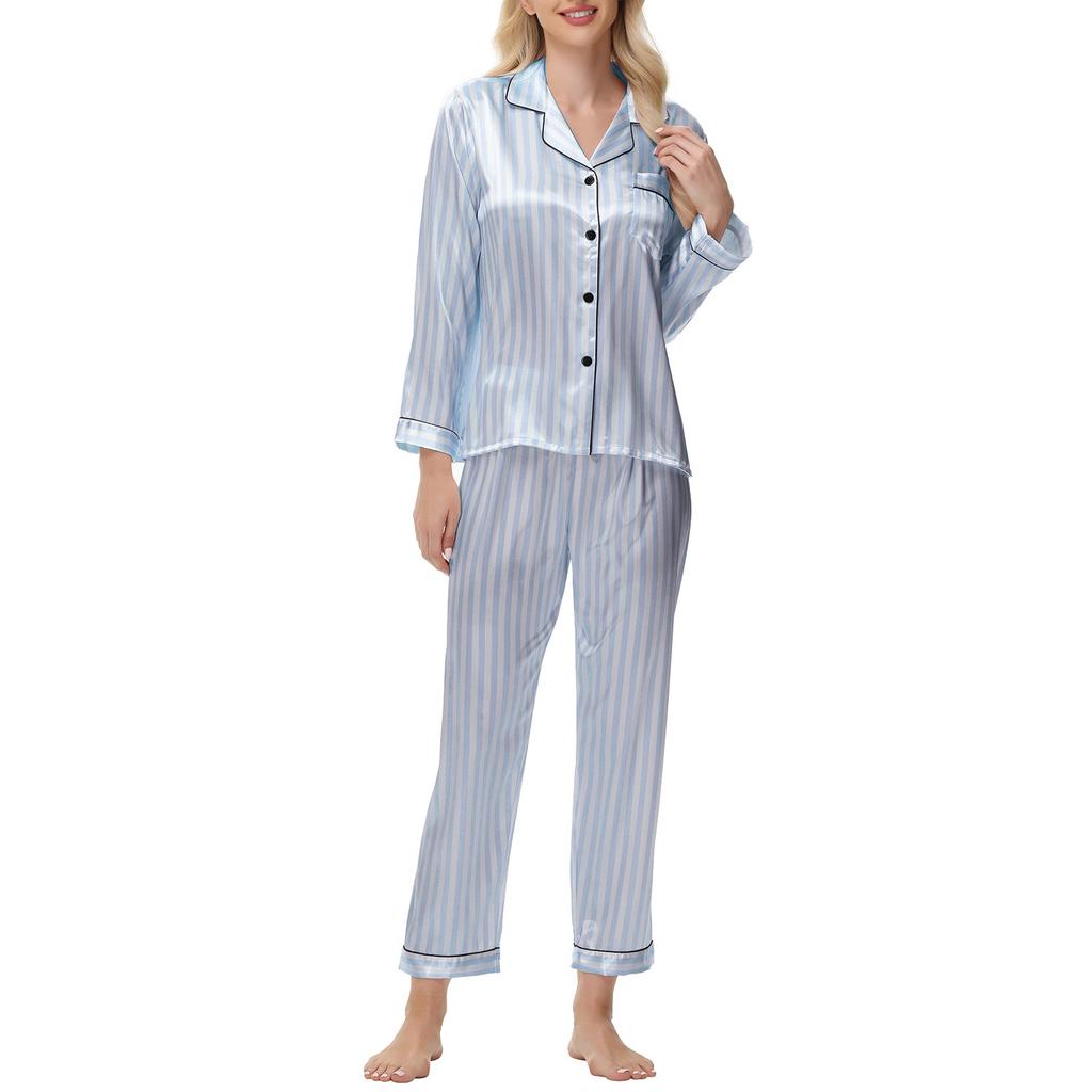 Атласный полосатый костюм из ледяного шелка с длинным рукавом, шелковая женская домашняя одежда