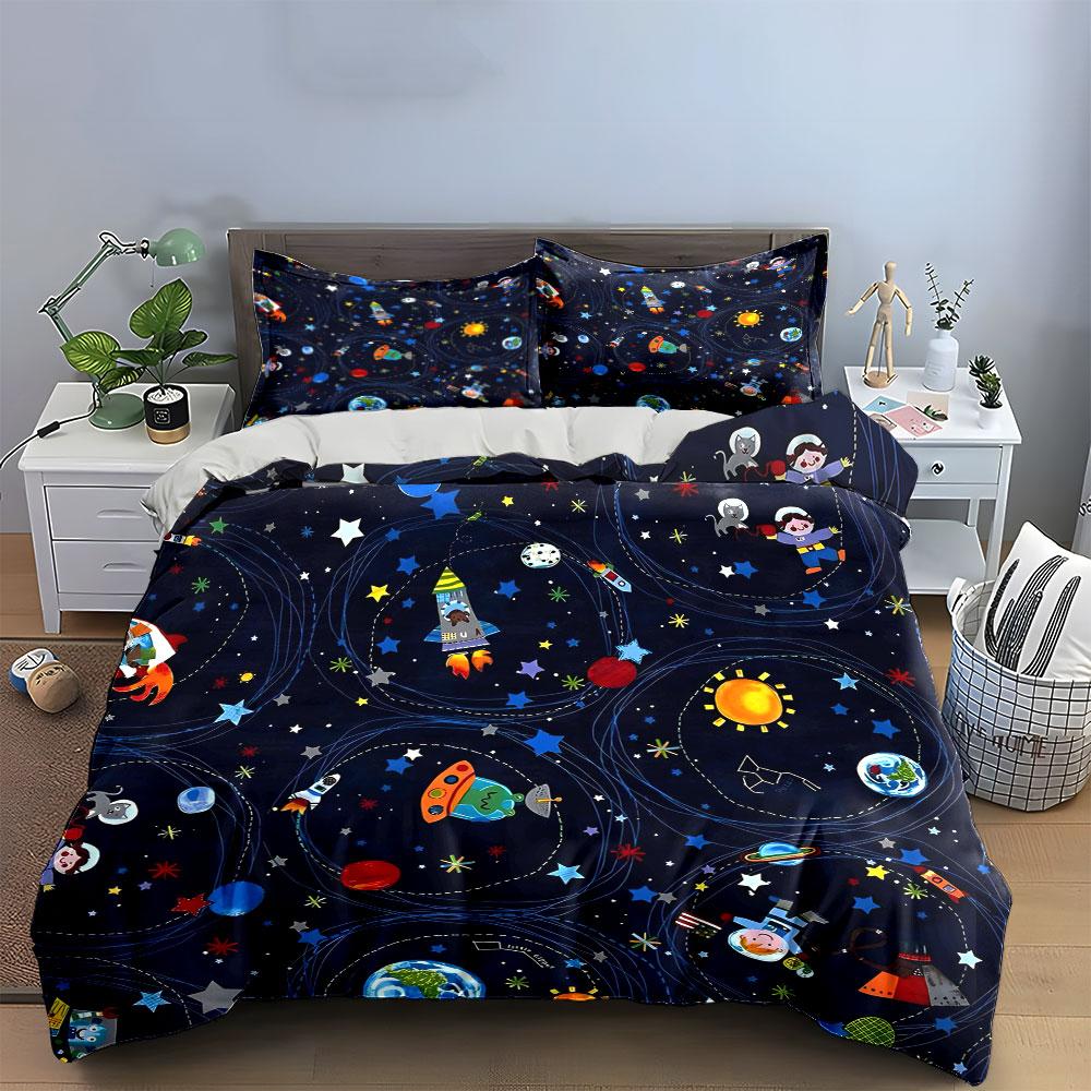 Kids Cartoon Space-Themed Bedding Set Soft Skin-Friendly Bedding Set Includes 1 Duvet Cover And 2 Pillowcase, Gift