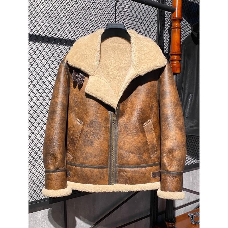 Genuine Sheepskin Leather B3 Bomber Jacket Mens Winter Fur Lined Thick Warm Flying Coat