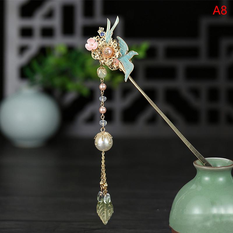 Retro Traditional Flowers Simulated Pearls Long Tassel Hairpins Hair Sti