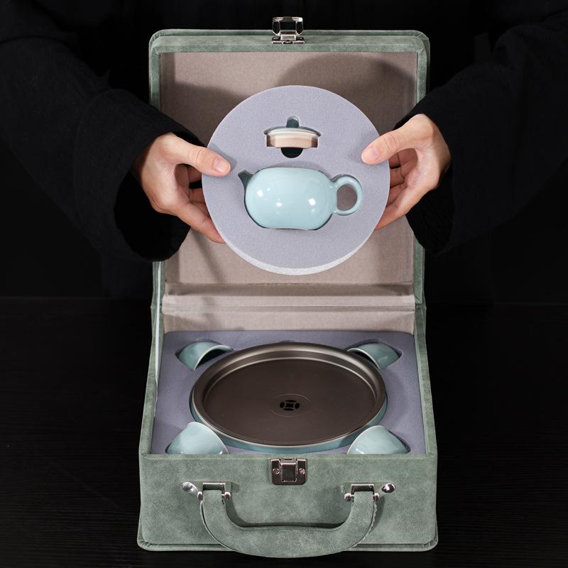 Tianqing Ru Kiln Travel Tea Set with Tea Tray Gift Box Business Gifts for Elder Leaders High-end Souvenirs