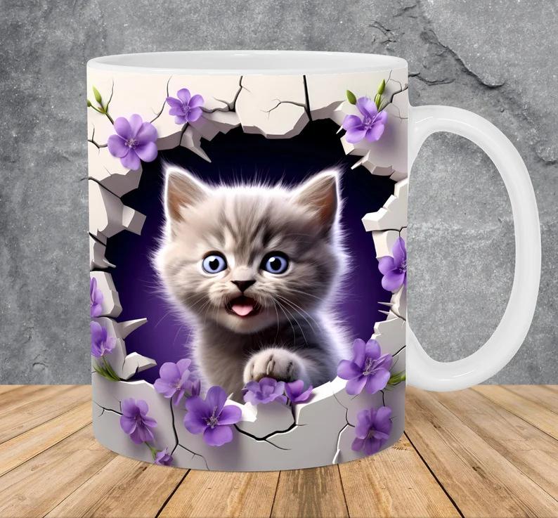 3D Graphic Painting Kitten Cat Cat Snowflake Hole Ceramic Coffee Mark Cup Tea Cup New Hollow