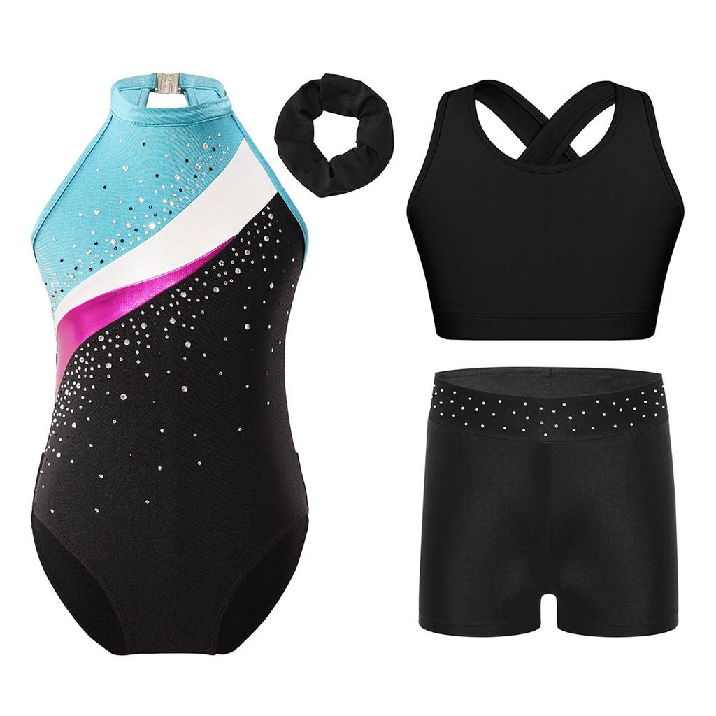 Girls Rhinestone Gymnastics Costume Set with Sleeveless Leotard Vest Shorts Waistband and Hair Band