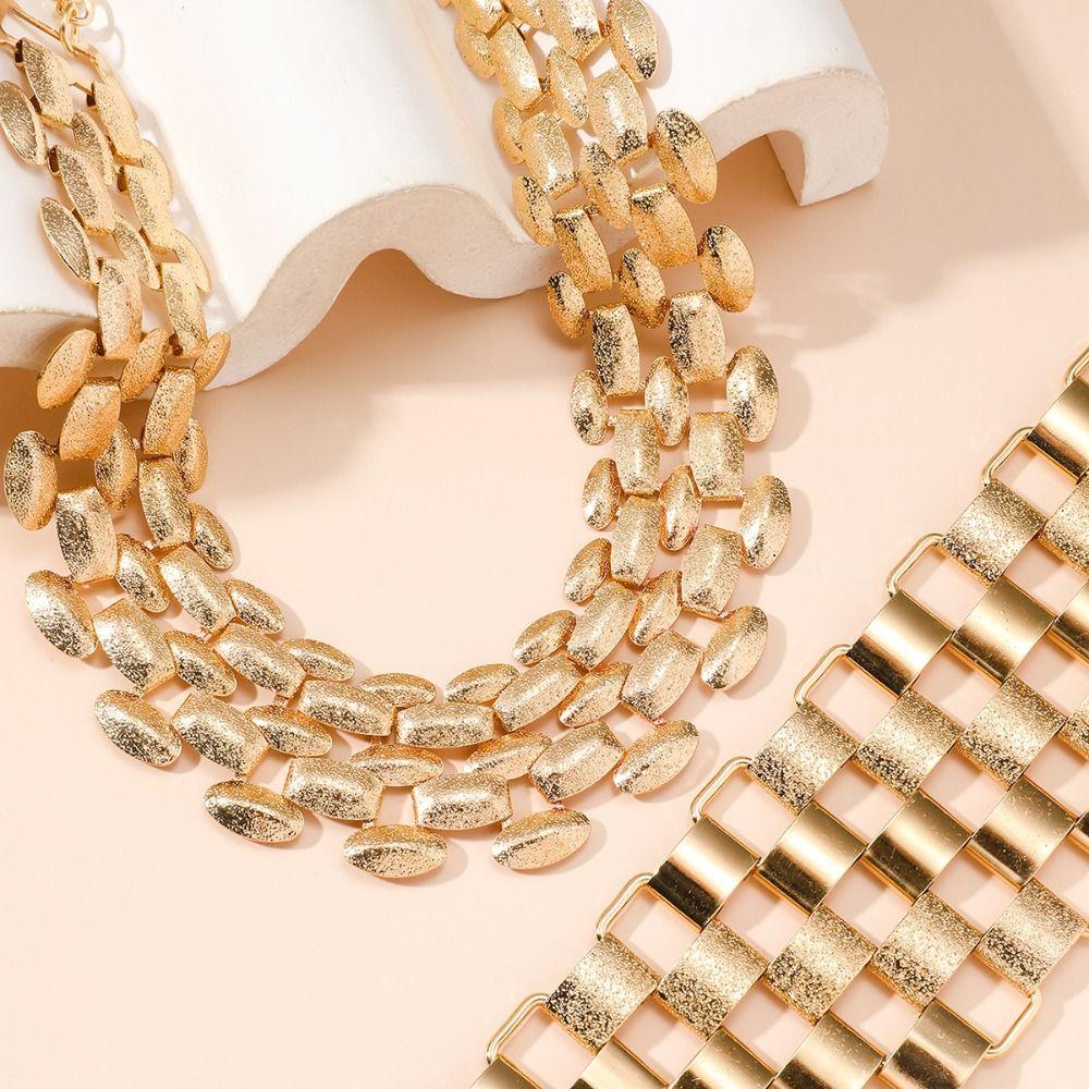 Korean Style Multilayer Jewelry Set Adjustable Exaggerated Necklace Metal Plaid Bracelet Party