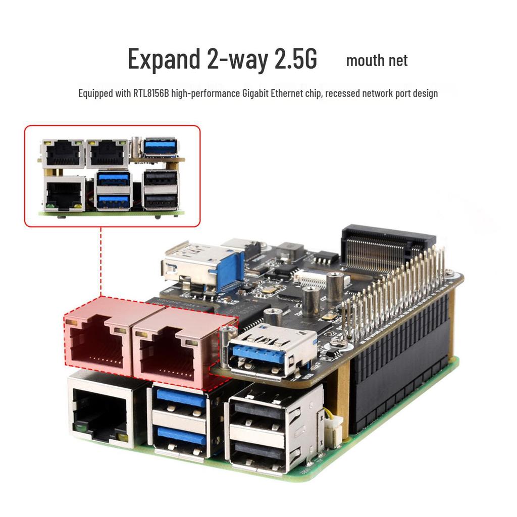 Карта расширения PCIe M.2 NVMe для Raspberry Pi 5 с портами USB 3.2 и двумя портами Ethernet 2,5 Гбит/с, поддержка загрузки с SSD