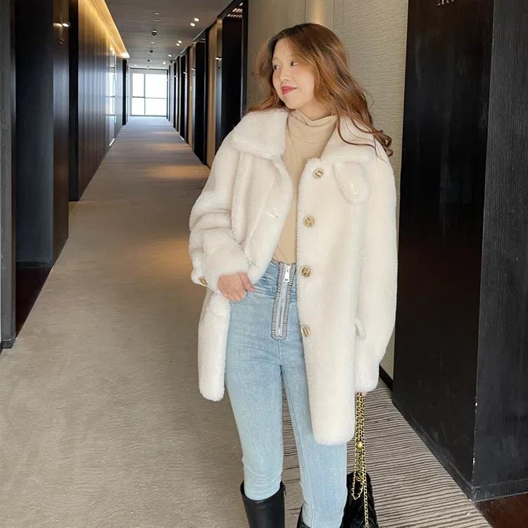 Autumn and Winter Mohair Warm All-match Coat Ladies Button Coat Coat Women High-end Imitation Mink Fur Coat