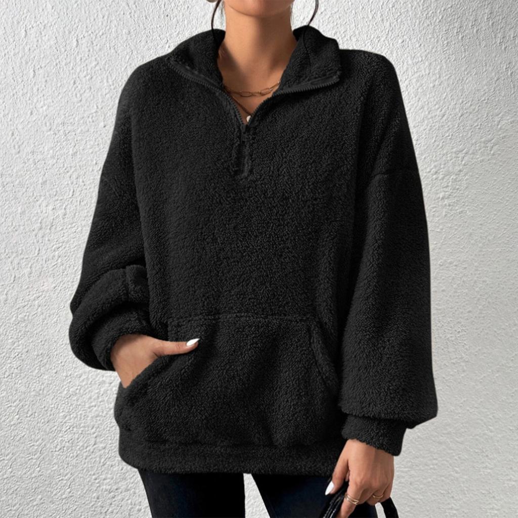 Sweatshirt For Women Half Zip Pocket Drop Shoulder Teddy Sweatshirt Stand Collar Sweatshirts For Women