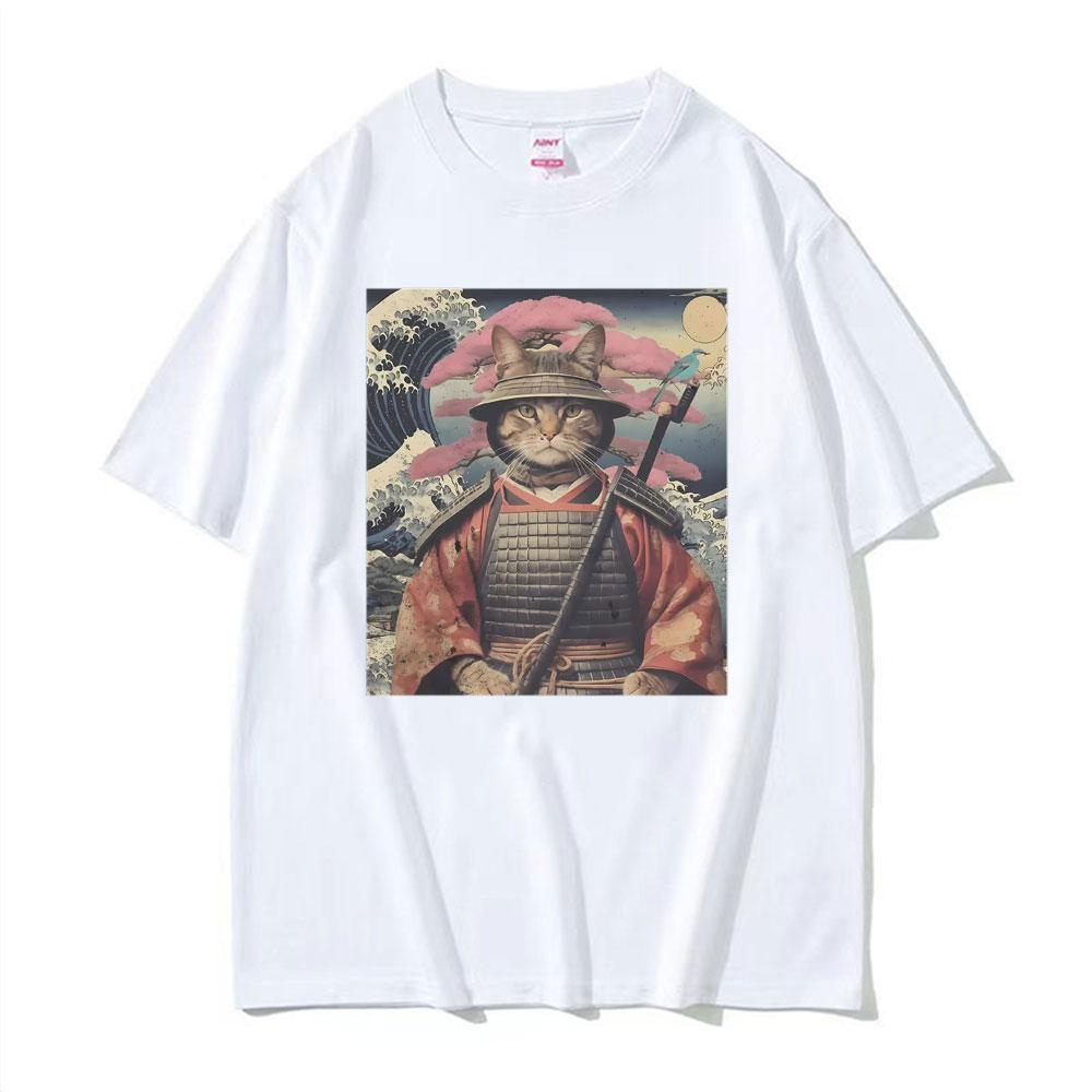Cat Samurai Pattern T Shirt For Unisex Trendy Animal 3D Printed Tees Casual Short Sleeve Oversized Street TShirts Round Neck Tops