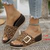 Women Slippers Summer Peep Toe Square Buckle Anti Slip Wear-resistant Fashion Wedge Slippers Leopard Print Outdoor Beach Shoes