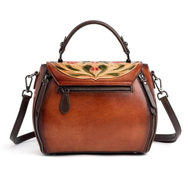 Johnature Retro Embossed First Layer Cow Leather Women Bag Handmade Floral Hasp Handbag Leisure Shoulder Messenger Bags