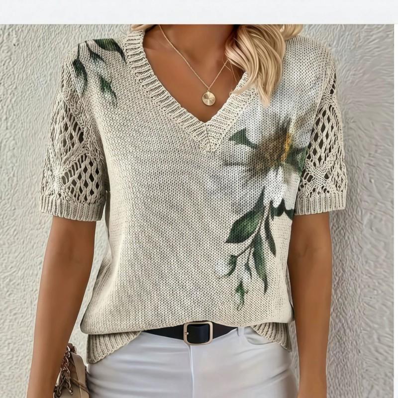 Womens V-Neck Long Sleeve Knit Sweater With 3D Floral Print Boho Chic Lightweight Casual Top