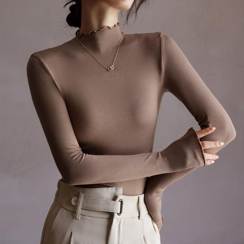 Women T-shirts Ruffles Turtleneck Long Sleeve Warm Autumn Winter Undershirt Solid Bottoming Shirt Fashion High Strecth Basic Top