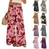 Women Summer Boho Palazzo Pants High Waist Wide Leg Rinting Casual Trousers With Pockets
