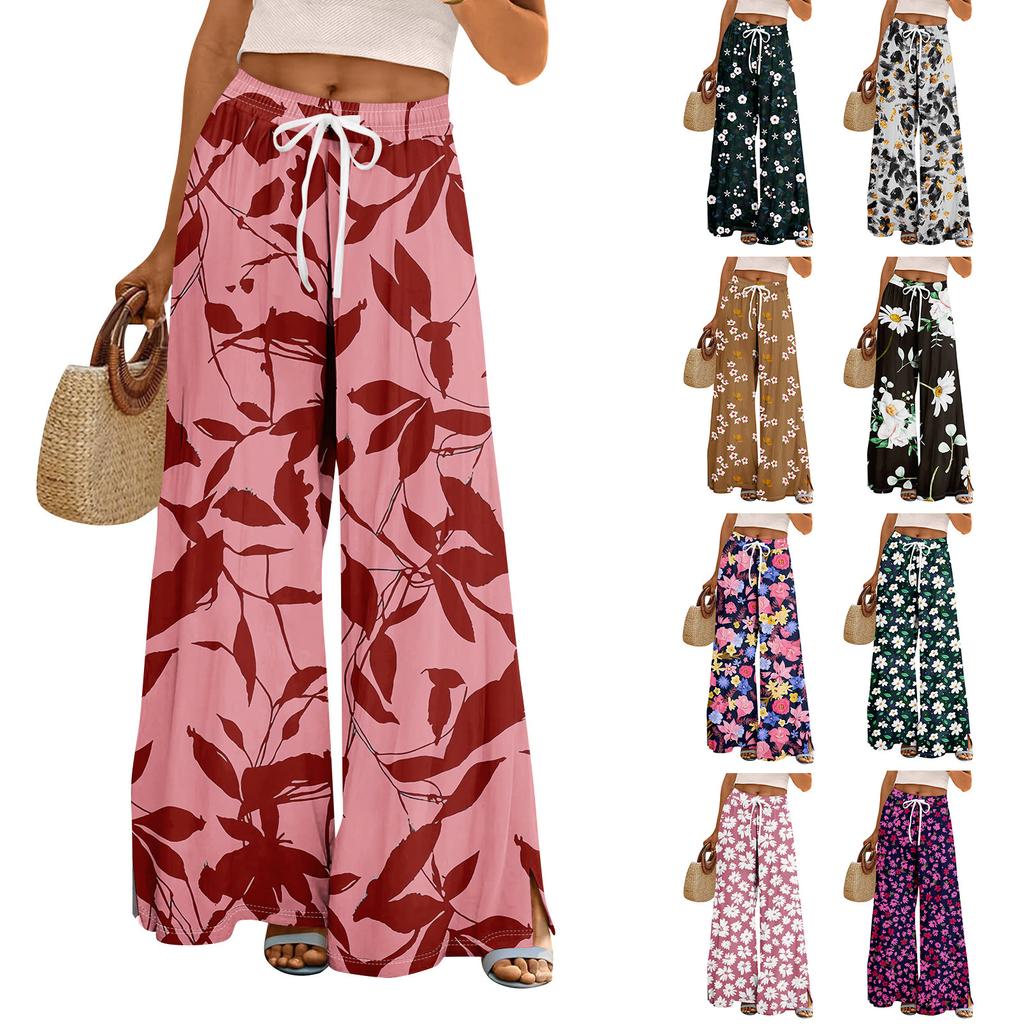 Women Summer Boho Palazzo Pants High Waist Wide Leg Rinting Casual Trousers With Pockets