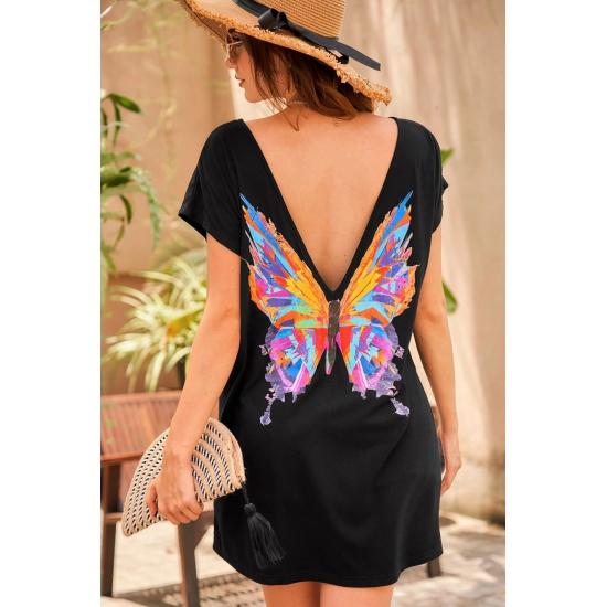 Сарафаны Женское черное платье оверсайз с круглым вырезом и принтом бабочки на спине