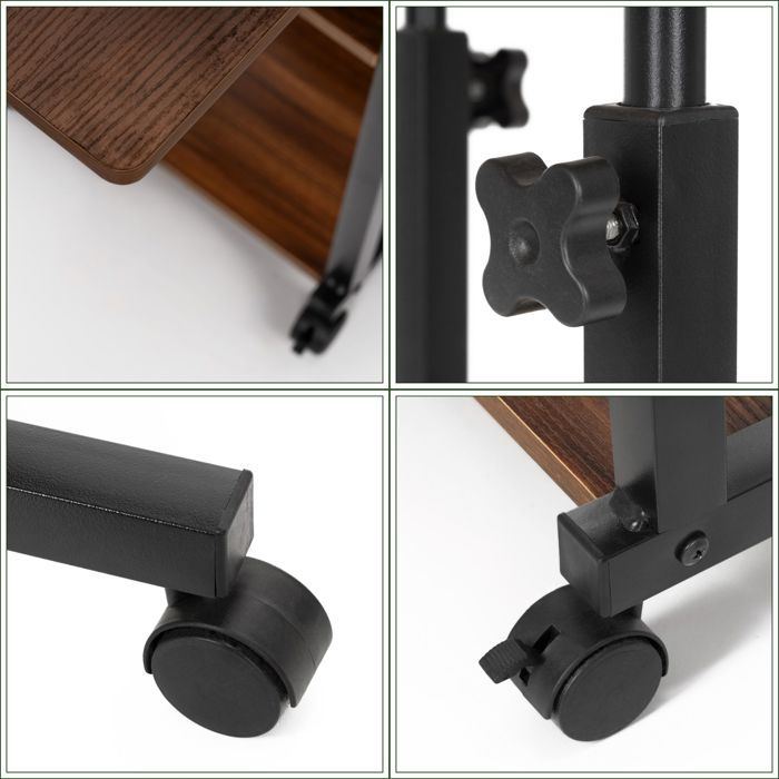 Table d'ordinateur portable mobile sur roulettes, réglable en hauteur 76–86 cm – marron foncé