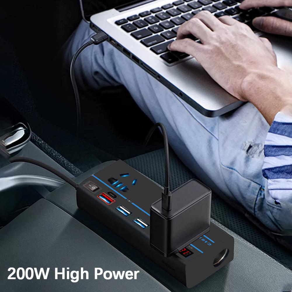 8 портов розетки 200 Вт выключатель ВКЛ/ВЫКЛ автомобильный инвертор адаптер питания DC 12 В/24 В в AC 110 В/220 В преобразователь QC 3.0 USB/PD/Type-C зарядные устройства