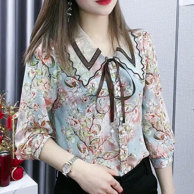 WTEMPO Spring Summer Floral Printed Chiffon Shirts Women's Three Quarter Sleeve Casual Loose Elegant Blouses
