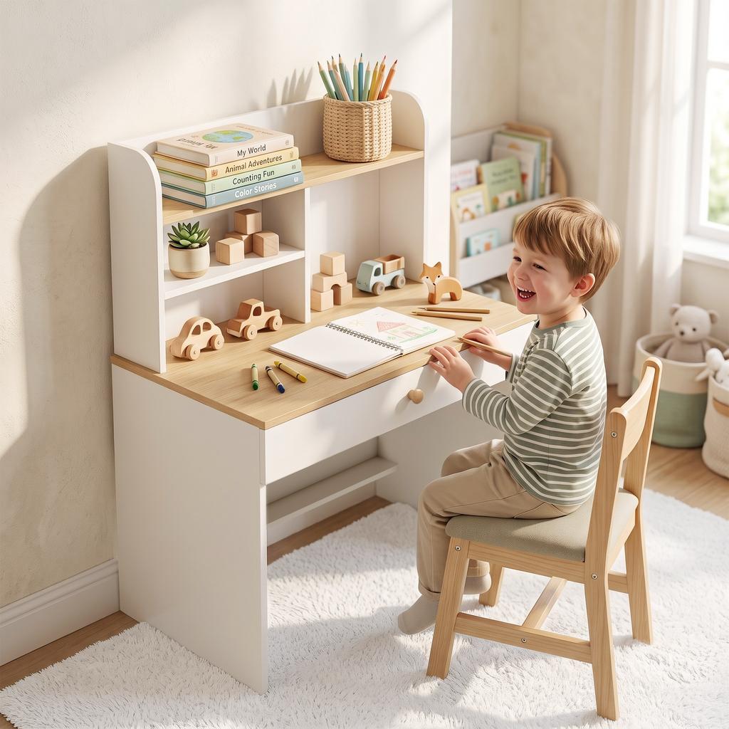Kids Desk Children's Desk with Drawer Bookshelf Storage for Kids 3-8 Years, 80 x 50 x 100 cm White