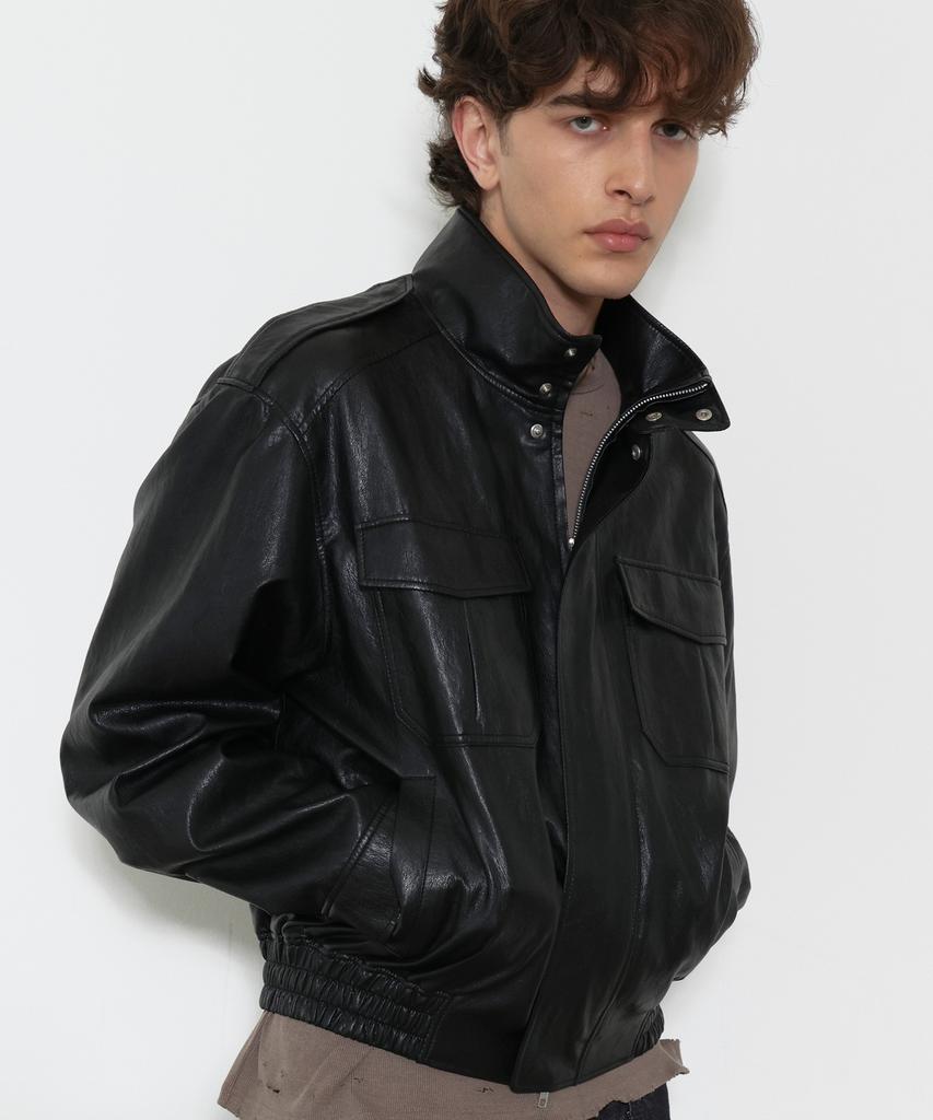DOFFJASON High-Neck Epaulet Leather Uniform Jacket Black