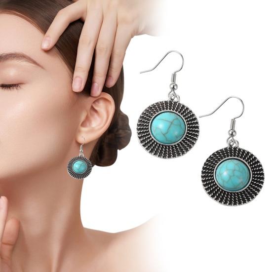 1 Pair Women Hook Round Style Shape Retro Bohemian Earrings Faux Turquoise Stainless