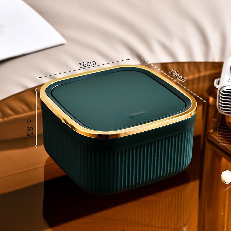 Square Press Type Mini Trash Can Quiet Close Elegant Ribbed Design with Golden Accents Plastic Desktop Bin Bathroom Home Use