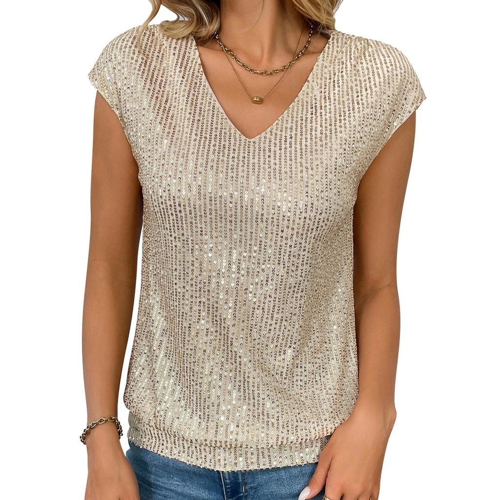Summer New Women's V-neck Sequined Short Sleeved Top Vest for Women