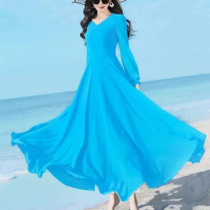 Летняя мода Новое корейское простое элегантное шифоновое платье средней длины Однотонное V-образный вырез Талия Молния Пэчворк Платья с рукавами-бабочками