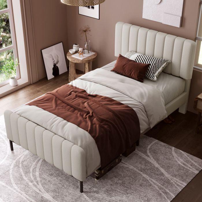 Lit simple 90x200 cm - MUVOE - Cadre avec sommier à lattes - Tête de lit réglable - Gris-beige - Matelas inclus