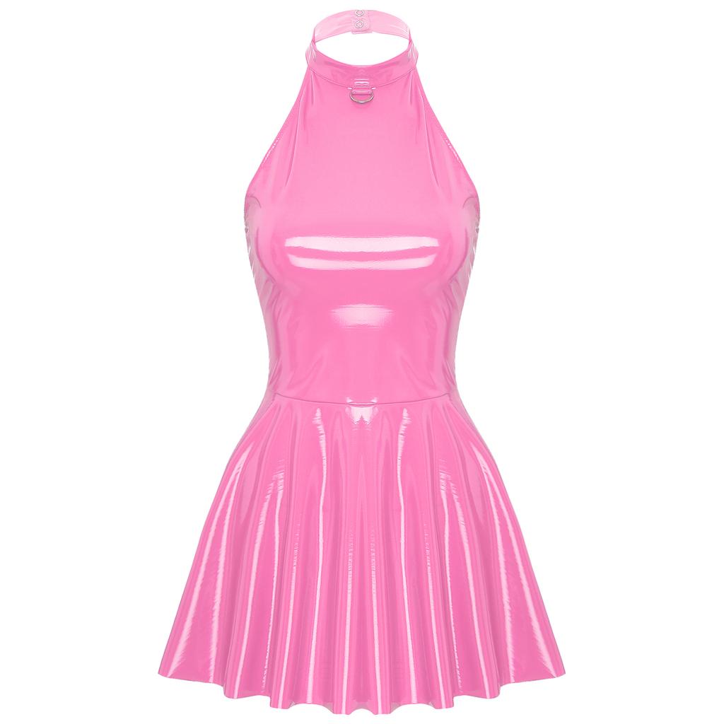 Женское латексное платье-свинг из юбки в стиле диско, глянцевая лакированная кожа, клубная одежда, халтер, без рукавов, мини-платье для скейтбординга, клубная одежда для рейв-вечеринок