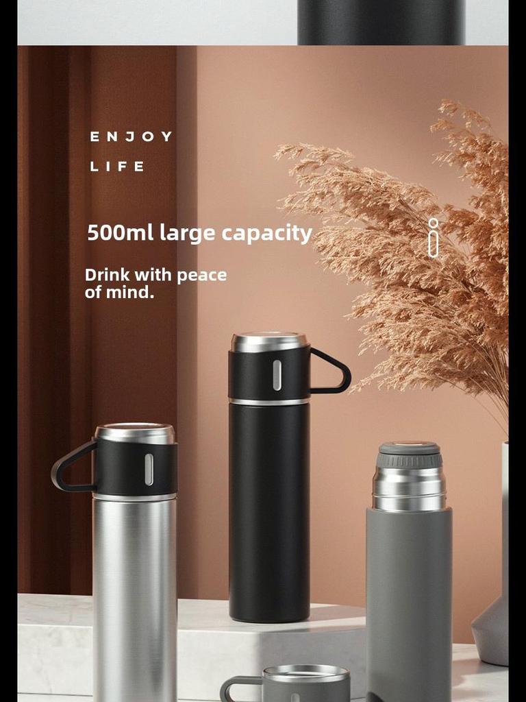 Подарочный набор из термоса из нержавеющей стали объемом 500 мл: 1 чашка и 3 крышки - индивидуальный логотип для мужского делового чая