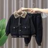 Children's Denim Suit Winter Clothes Plus Velvet Thickening Children's Fashion Denim Two-piece Baby Winter