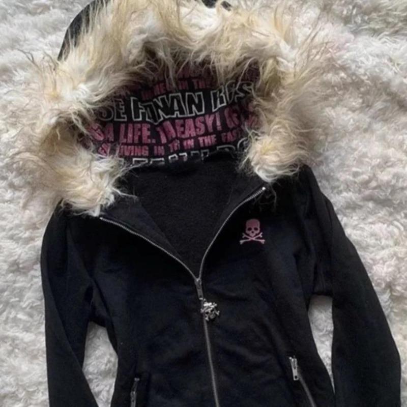 2KWEIRD Y2K Черная толстовка с капюшоном на молнии с меховым воротником Сексуальная женская толстовка Харадзюку Готика Графический принт с буквами Приталенное пальто