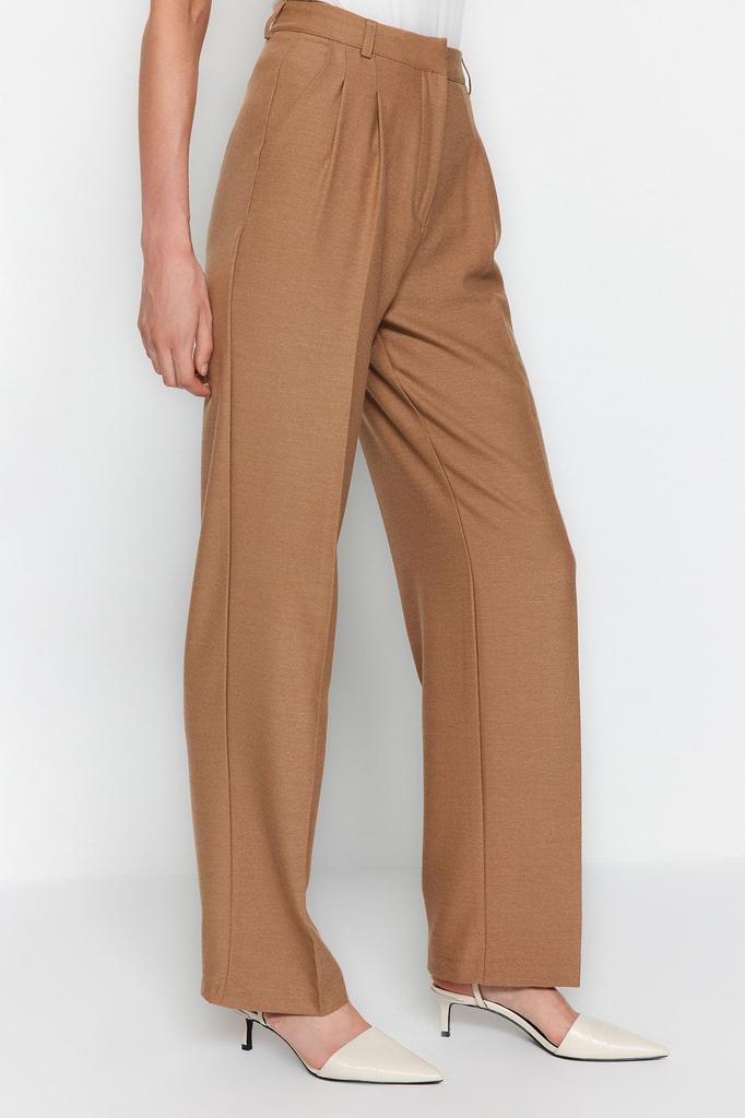Women's Fashion Limited Edition Brown Straight Straight Cut Pleated Woven Trousers