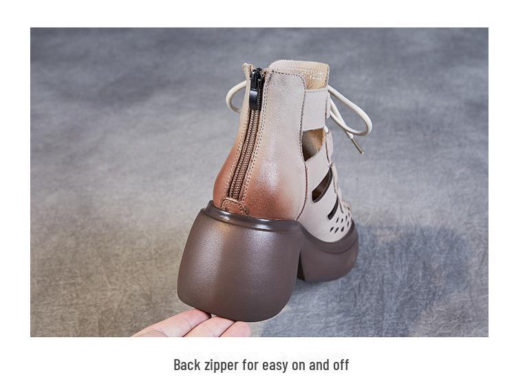 Женские ретро-римские сандалии из коровьей кожи: Коллекция лета 2024 г. — толстая подошва, ажурный дизайн, сетчатый стиль сапог