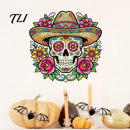 Latin American Party Decor Flower Skull Wall Sticker, Day of The Dead Decorative Waterproof Outdoor Glass Decorations Decals, PVC Removable