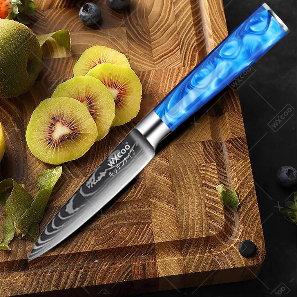 WXCOO Professional Kitchen Knife Blue Resin Handle Japanese Santoku Knife Laser Damascus Pattern Utility Knife With Gift Box