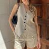 Casual Linen Women Suits 2 Pieces V Neck Buttons Vest Blazer+High Waist Wide Leg Shorts Fashion 2024 Summer Vintage Sets