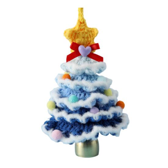 Handmade Mini Knitted Christmas Tree Ornament Multi-Layered Crochet Snow Flocked Tree with Gold Bells And Star Top for Christmas Home Decor