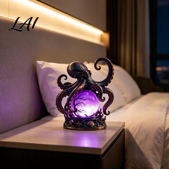 Octopus Crystal Ball Lamp Deep Sea Lamp 3D Handmade Engraved Resin Night Light with Marine Life Home Decor LED Base Bedroom Ambient Nautical