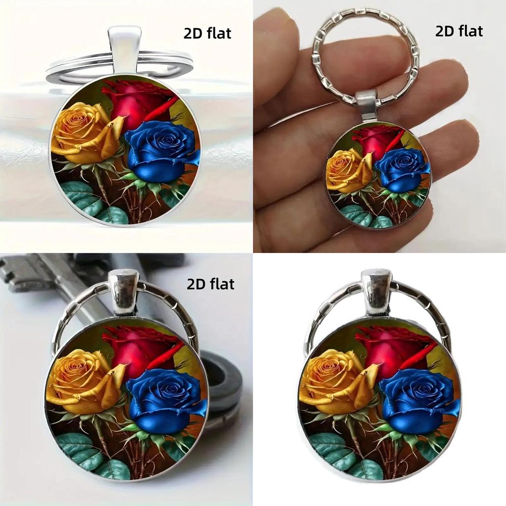 Red Yellow Blue Rose Design Keyring With Zinc Alloy And Glass For Collectors Item