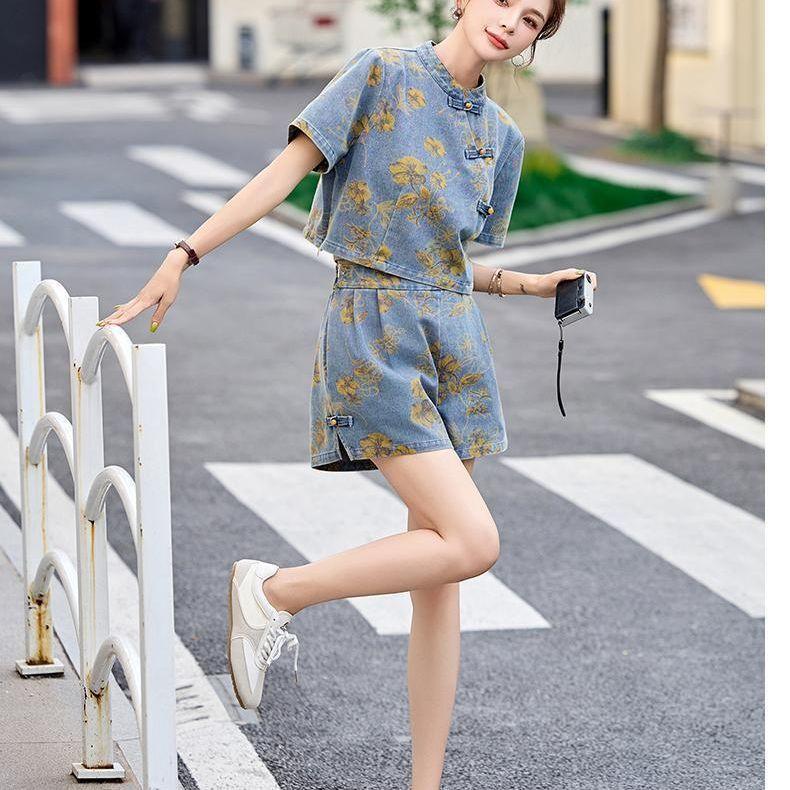 Fashion Chinese Style Denim Skirt Set Women Summer Floral Print Two Piece Outfit with Knot Buttons