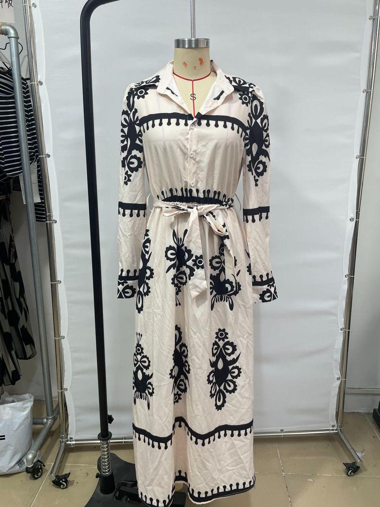 Платье с принтом, шнуровкой и длинными рукавами, осень-зима 2025, европейский и американский стиль