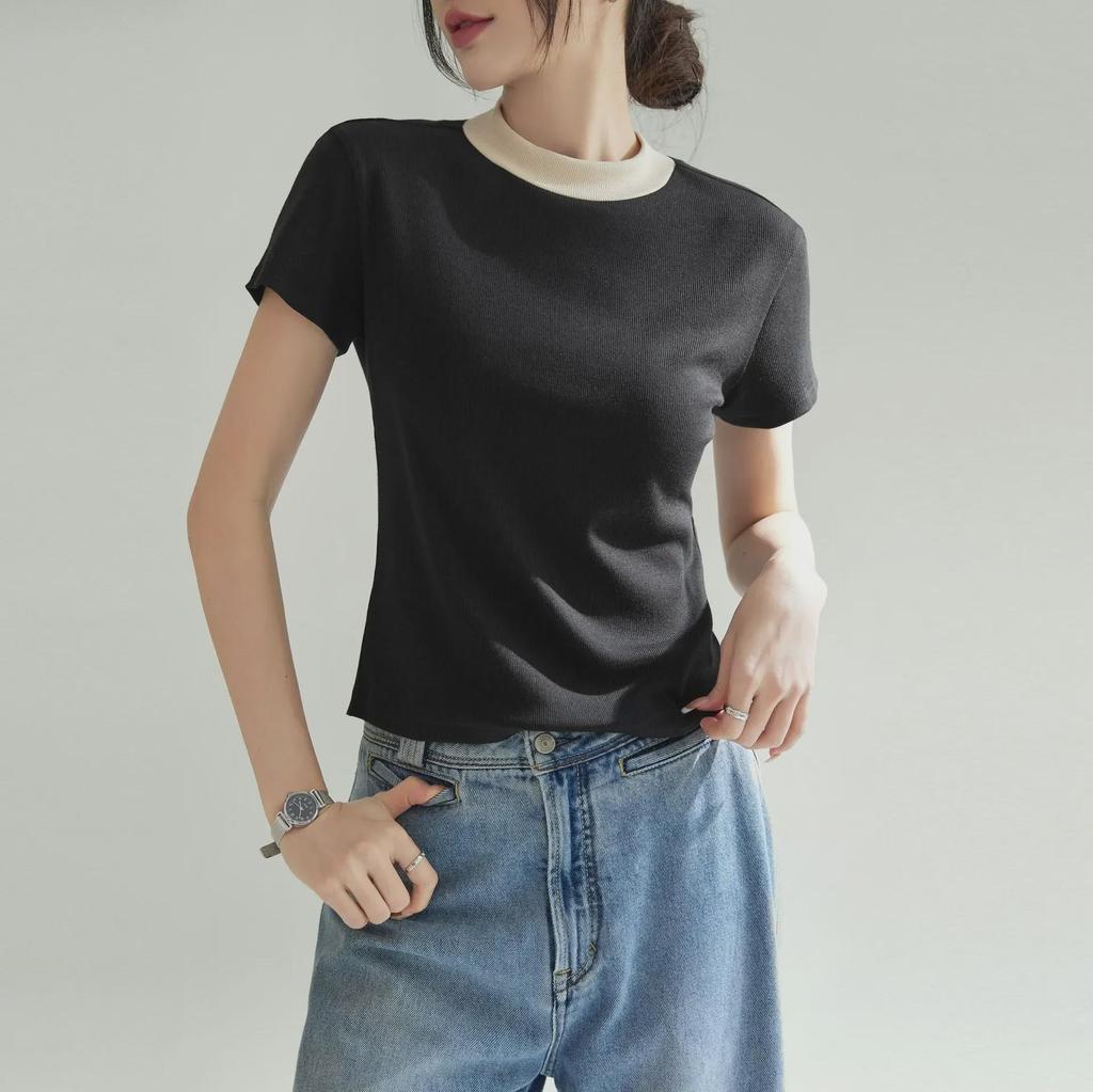 Chic French Style Slim Fit Short-Sleeve T-Shirt for Women - High Elastic, Cool Touch, Round Neck, Spring/Summer 2025