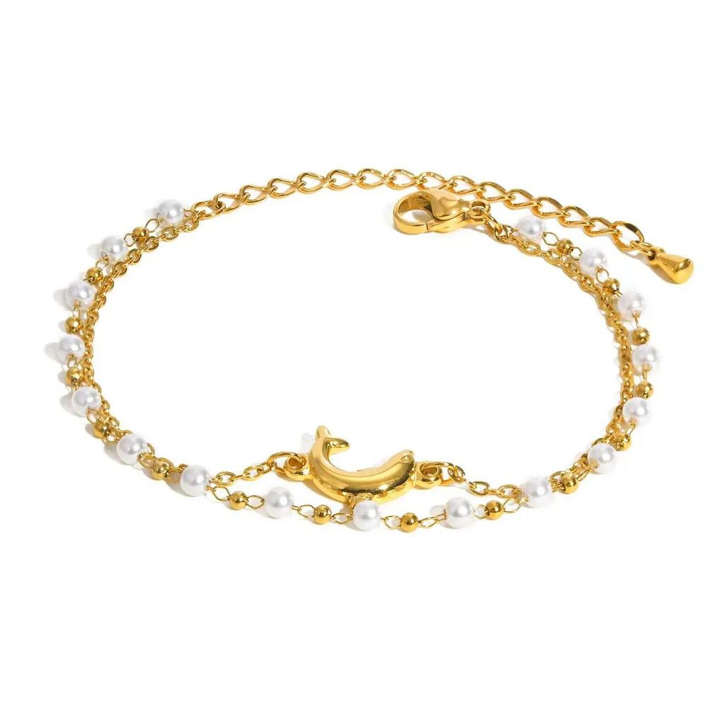 Exquisite Dolphin Imitation Pearl Bead Chain Bracelet for Women,Stainless Steel Double Layered Bracelets,Charm Jewelry Gifts