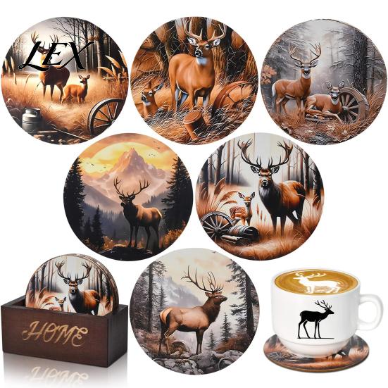 Rustic Forest Elk Pattern Coasters Retro Elk/Vinyl Record Coasters, Decorative Wooden Cup Mats, Insulated Table Natural Wood Decor for Home