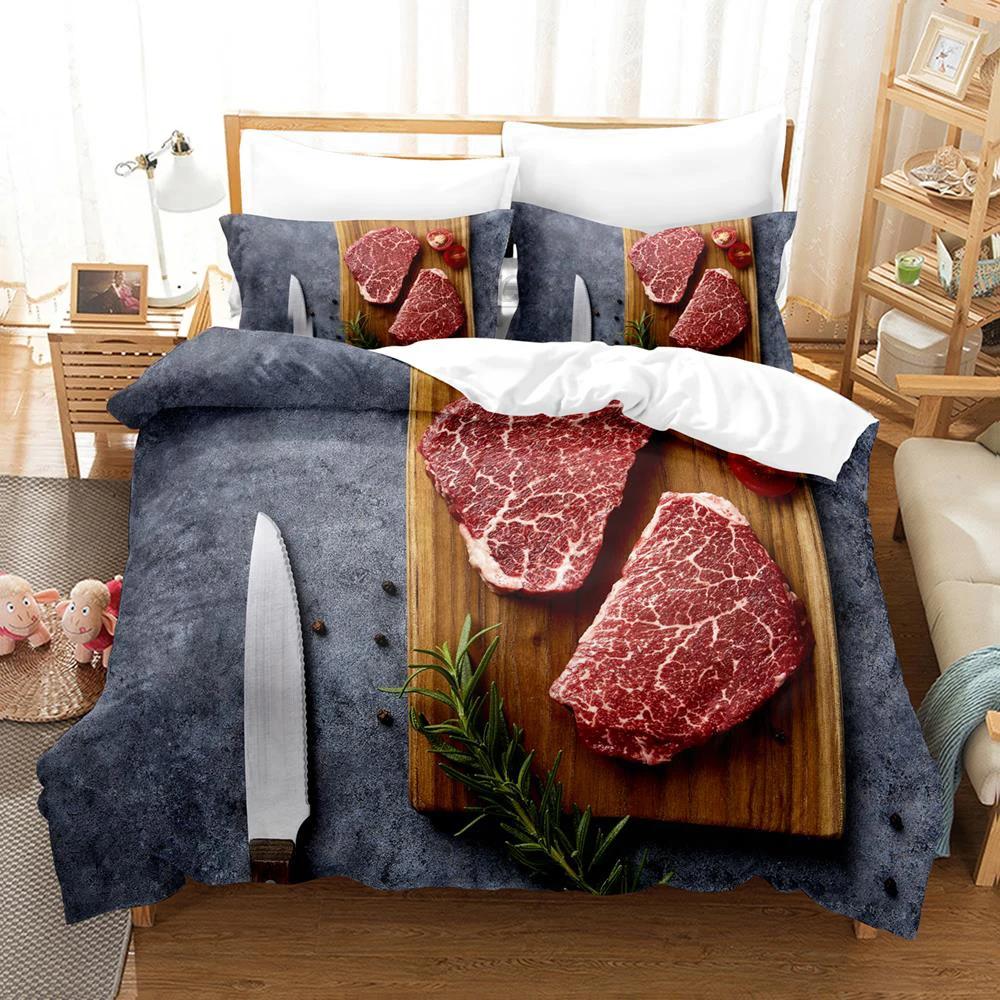 2024 Beefsteak Single Double Full Queen King Size Bedding Set Boys Bedroom Duvet Cover 3D Print Gourmet Steak