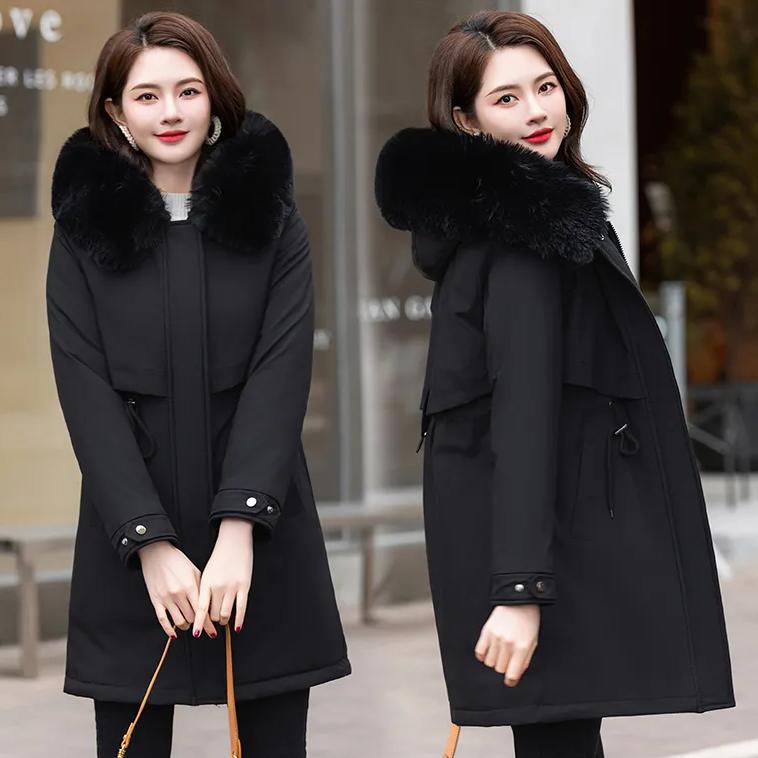 WTEMPO Winter Thickened Plush Parkas Women Large Size Casual Loose Hooded Cotton Coats Solid Color Mid-length Cold-proof Windproof Jackets