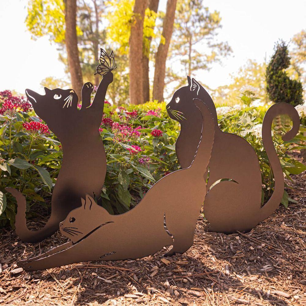 Hot Iron Art Black Ground Inserted Pile Outdoor Lawn Decoration Garden Ornaments Cat Metal Statues