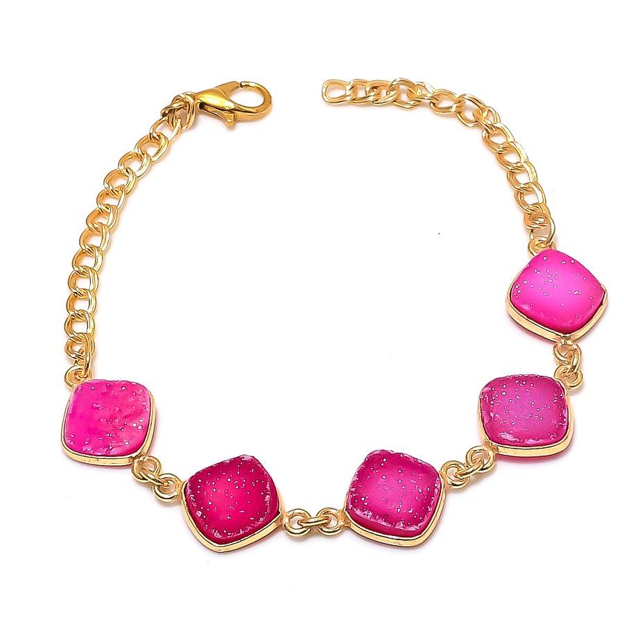 Pink Botswana Druzy Gemstone Handmade 925 Sterling Silver Bracelet 7-8" KJ-1296